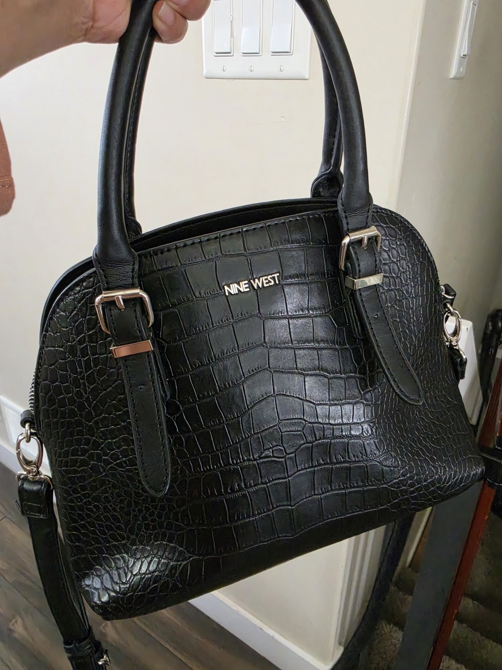 Nine West Black Croc-Embossed Dome Satchel